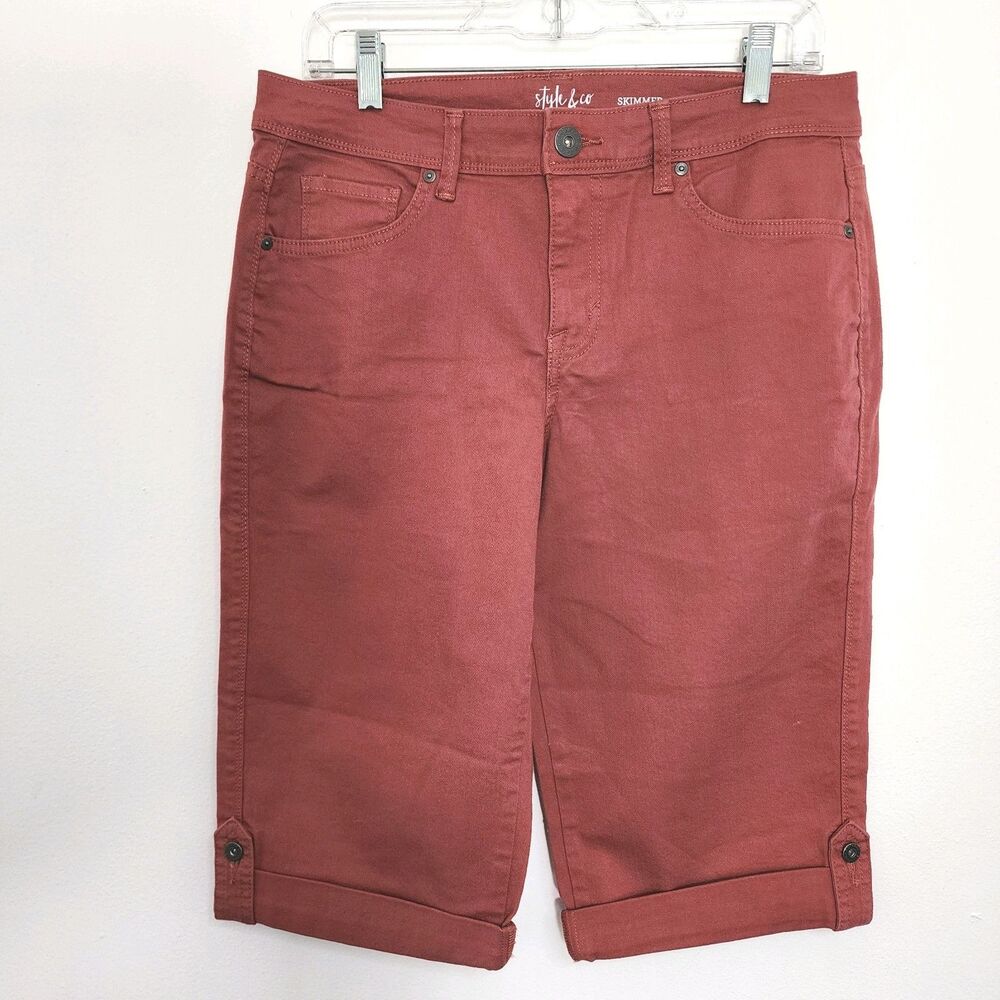 Style & Co Womens Skimmer Shorts Coral Cuffed Stretch Denim Size 10 NWOT